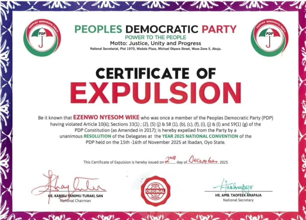 It’s ‘No Laughing Matter’ As PDP NWC Sends Expulsion Certificates To Wike, Fayose, Ajibade, Others By Courier